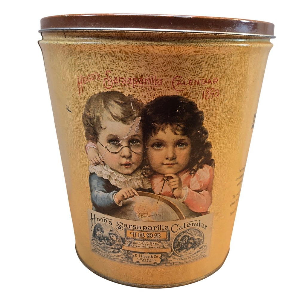 Tin Hood's Sarsaparilla Calendar 1893. Sarsaparilla Planter Tin With Lid Vintage